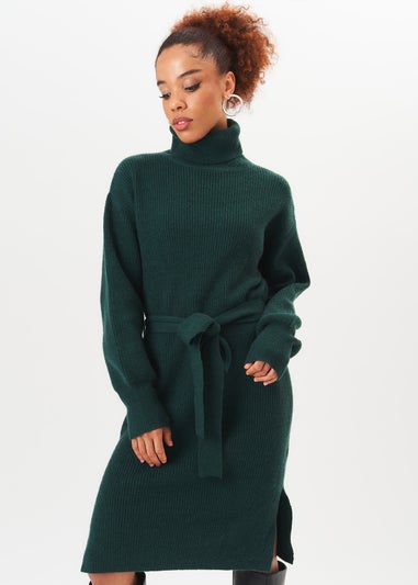 Gini London Green Roll Neck Oversized Knit Jumper Dress