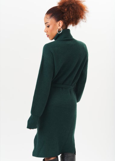 Gini London Green Roll Neck Oversized Knit Jumper Dress