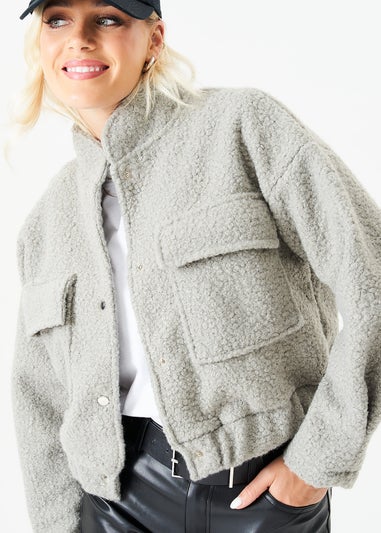 Gini London Grey Boucle Wool Elasticated Waist Cropped Jacket