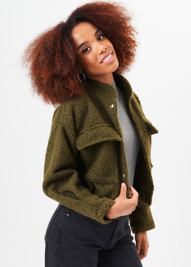 Gini London Khaki Boucle Wool Elasticated Waist Cropped Jacket