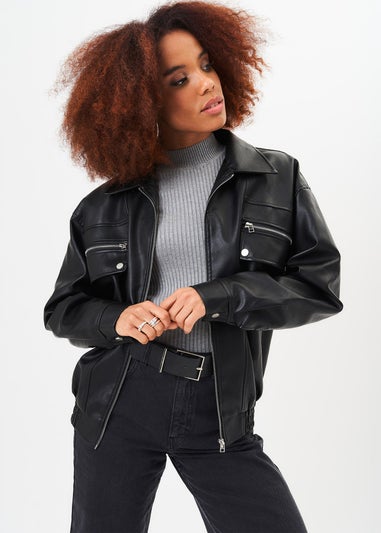 Gini London Black Faux Leather Oversized Bomber Jacket