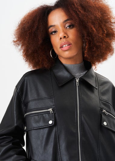 Gini London Black Faux Leather Oversized Bomber Jacket