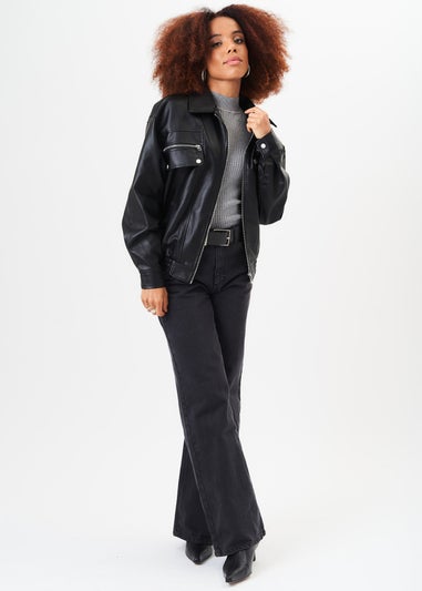 Gini London Black Faux Leather Oversized Bomber Jacket