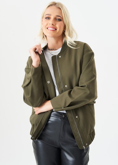 Gini London Khaki Zip up Oversized Bomber Jacket