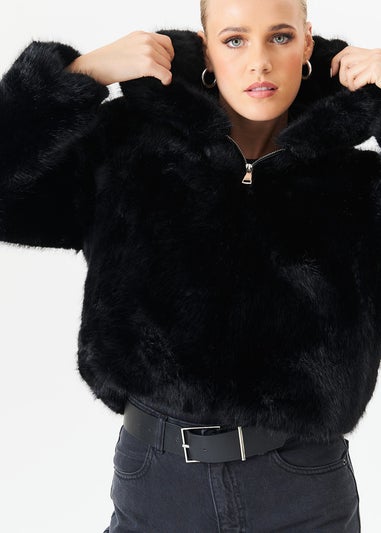 Gini London Black Zip Front Cropped Faux Fur Jacket