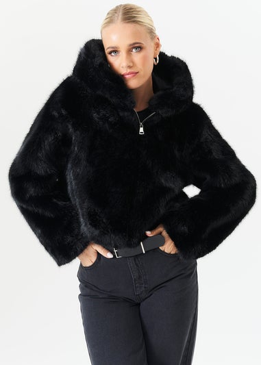 Gini London Black Zip Front Cropped Faux Fur Jacket