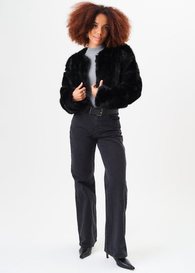 Gini London Black Panel Faux Fur Crop Jacket