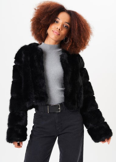 Gini London Black Panel Faux Fur Crop Jacket