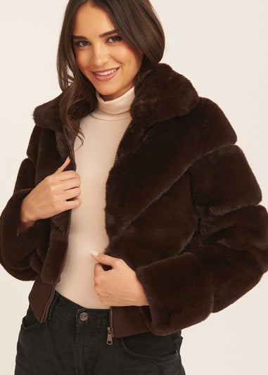 Gini London Chocolate Faux Fur Zip Front Short Jacket