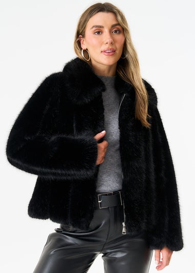 Gini London Black Zip Front Faux Fur Short Jacket