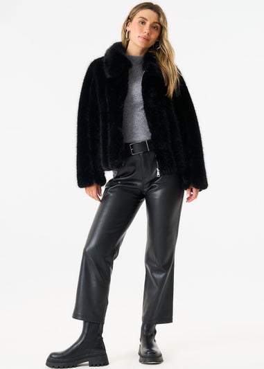 Gini London Black Zip Front Faux Fur Short Jacket