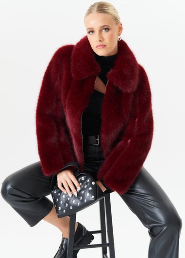 Gini London Burgundy Zip Front Faux Fur Short Jacket