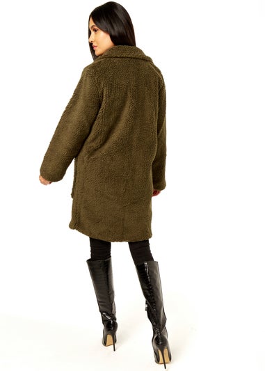 Gini London Khaki Faux Fur Longline Teddy Overcoat