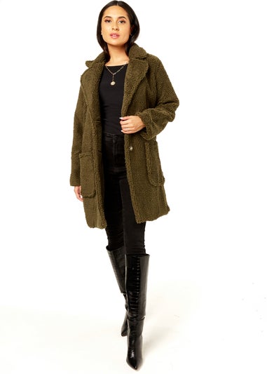 Gini London Khaki Faux Fur Longline Teddy Overcoat