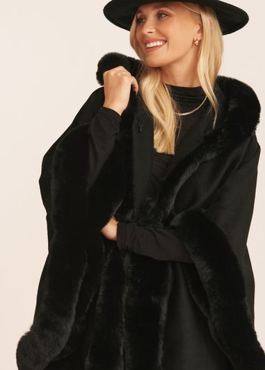 Gini London Black Soft Fur Trim Hooded Oversized Cape