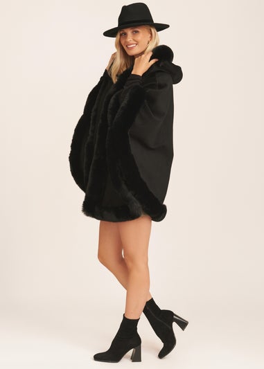 Gini London Black Soft Fur Trim Hooded Oversized Cape