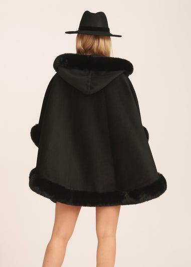 Gini London Black Soft Fur Trim Hooded Oversized Cape