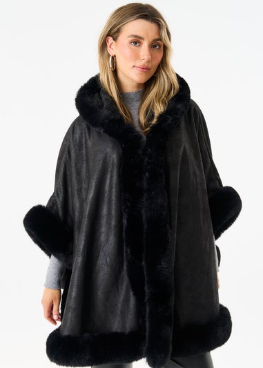 Gini London Black Faux Fur Trim Poncho Cape