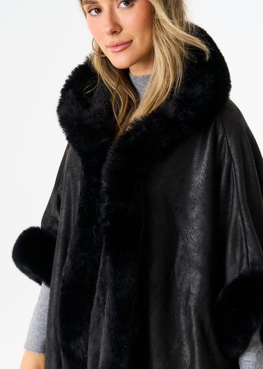 Gini London Black Faux Fur Trim Poncho Cape