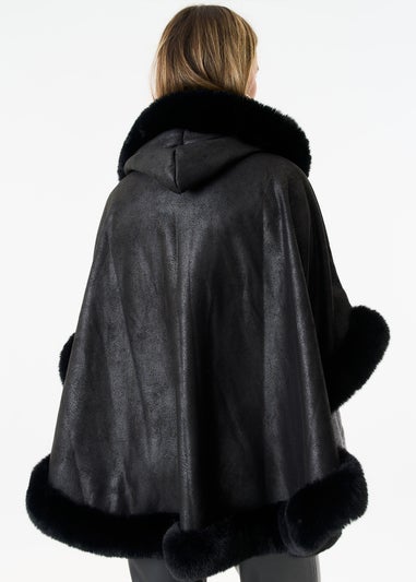 Gini London Black Faux Fur Trim Poncho Cape