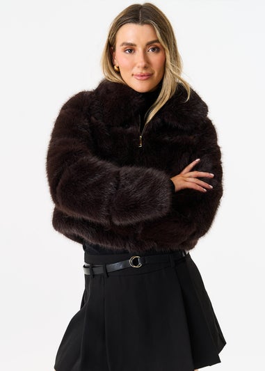 Gini London Brown Panel Faux Fur Cropped Jacket