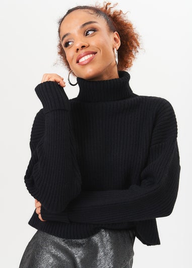 Gini London Black High Neck Chunky Knit Crop Jumper