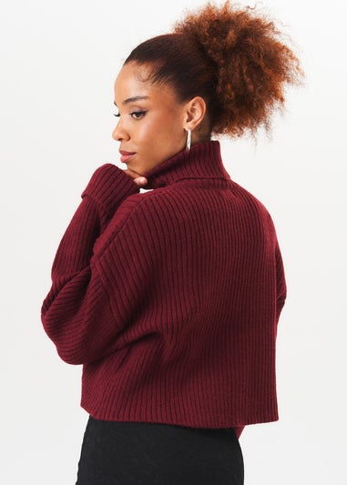 Gini London Burgundy High Neck Chunky Knit Crop Jumper