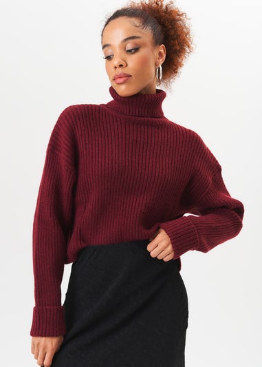 Gini London Burgundy High Neck Chunky Knit Crop Jumper