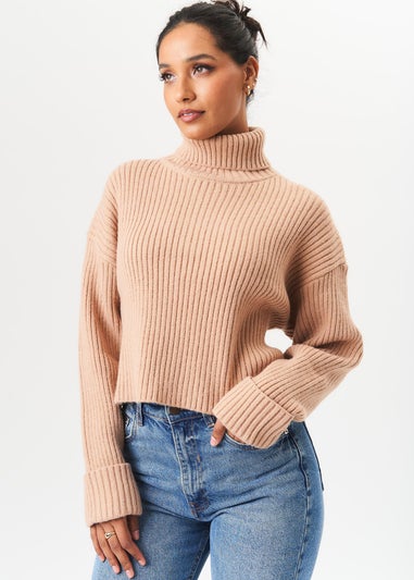 Gini London Camel High Neck Chunky Knit Crop Jumper