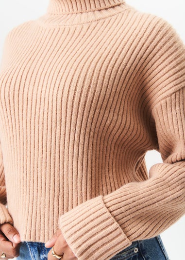 Gini London Camel High Neck Chunky Knit Crop Jumper