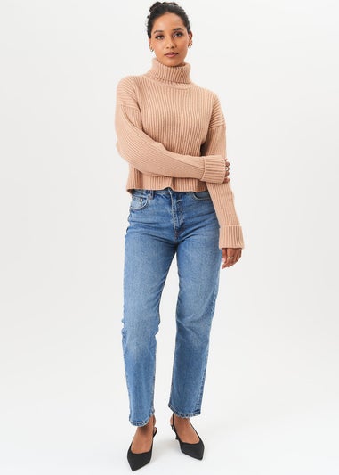 Gini London Camel High Neck Chunky Knit Crop Jumper