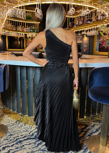 AX Paris Black One Shoulder Pleated Satin Midi Dress