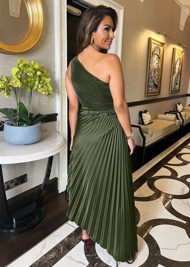 AX Paris Olive One Shoulder Pleated Satin Midi Dress