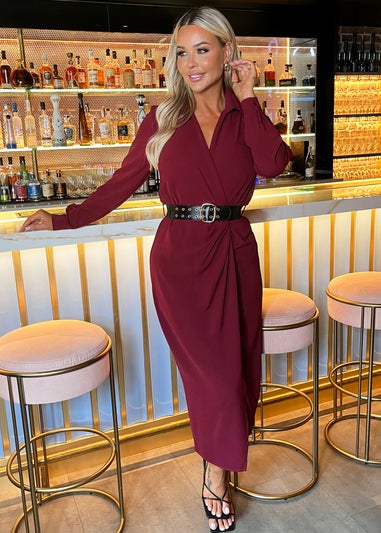 AX Paris Burgundy Belted Wrap Midi Shirt Dress