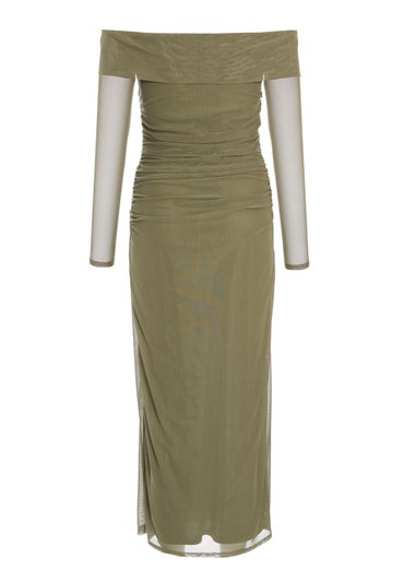 Quiz Khaki Mesh Twist Bardot Midaxi Dress