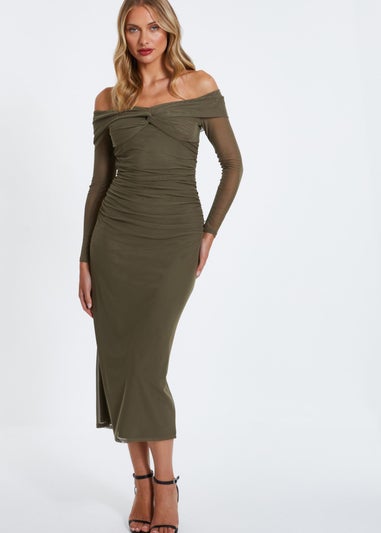 Quiz Khaki Mesh Twist Bardot Midaxi Dress