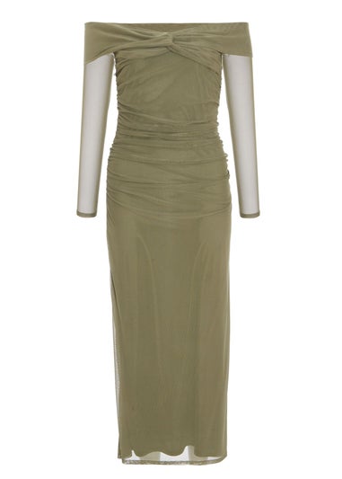 Quiz Khaki Mesh Twist Bardot Midaxi Dress