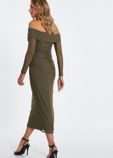 Quiz Khaki Mesh Twist Bardot Midaxi Dress