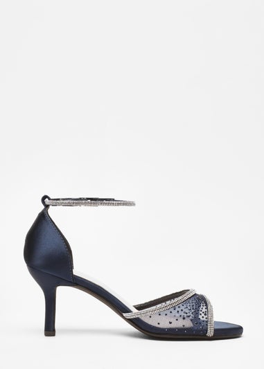 Quiz Navy Satin Mesh Diamante Heeled Sandal