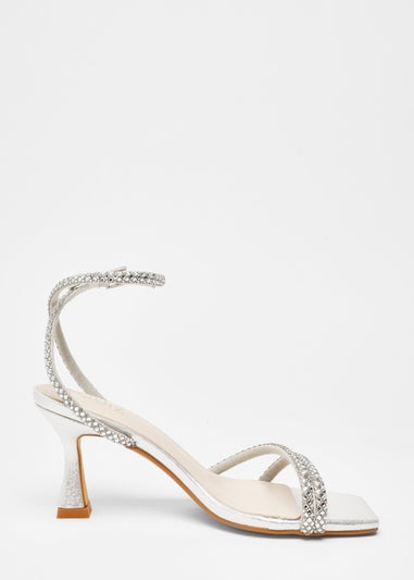 Quiz Silver Diamante Asymmetric Heeled Sandals