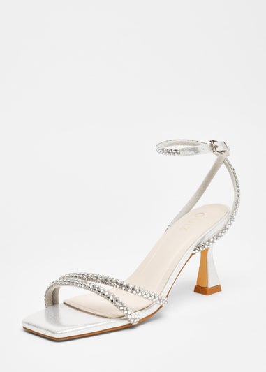 Quiz Silver Diamante Asymmetric Heeled Sandals