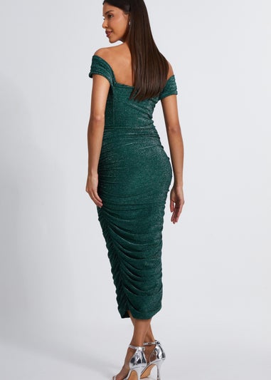 Quiz Green Shimmer Bardot Ruched Midi Dress