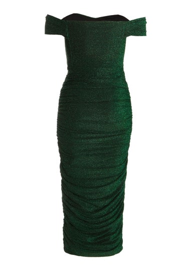 Quiz Green Shimmer Bardot Ruched Midi Dress