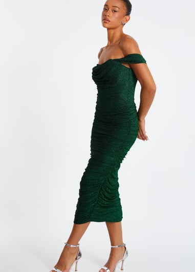 Quiz Green Shimmer Bardot Ruched Midi Dress