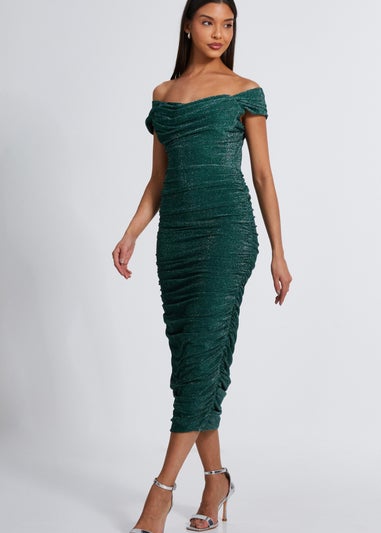 Quiz Green Shimmer Bardot Ruched Midi Dress