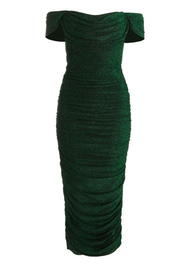 Quiz Green Shimmer Bardot Ruched Midi Dress