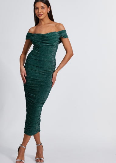 Quiz Green Shimmer Bardot Ruched Midi Dress