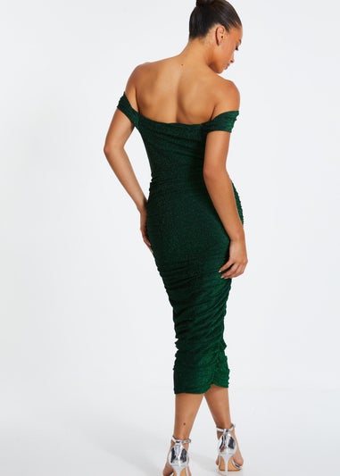 Quiz Green Shimmer Bardot Ruched Midi Dress