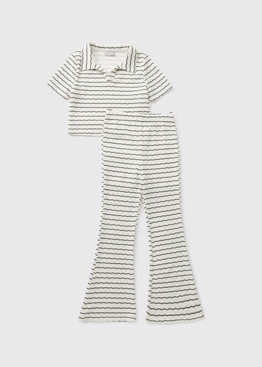 Girls White Textured Stripe Top & Flare Leggings (7-15yrs)