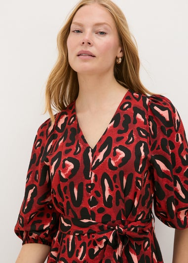 Red Leopard Wrap Midi Dress